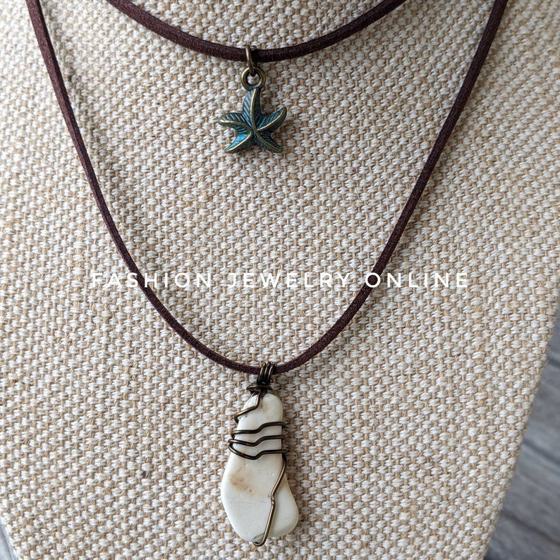 Double strands stacking beachy wire wrapped white seaglass starfish bohemian faux suede necklace gifts for her under 20