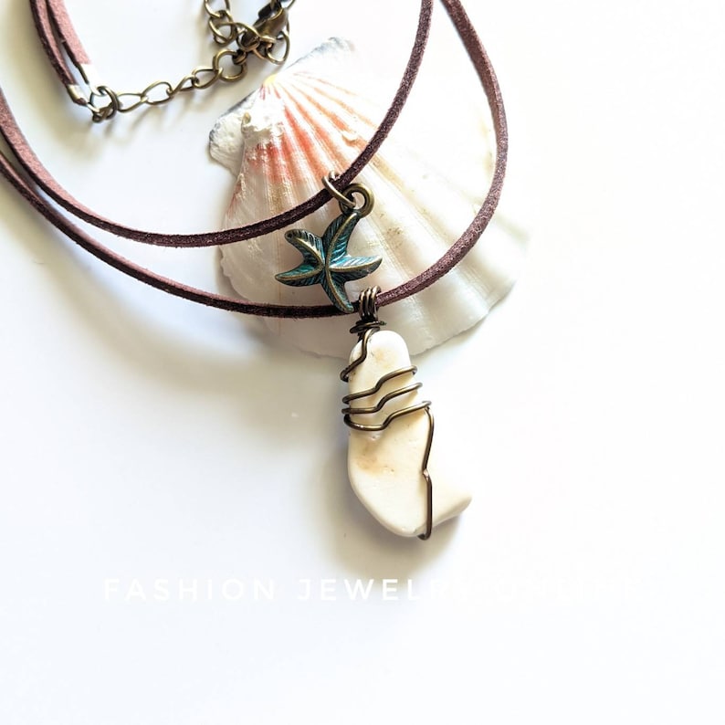 Double strands stacking beachy wire wrapped white seaglass starfish bohemian faux suede necklace gifts for her under 20