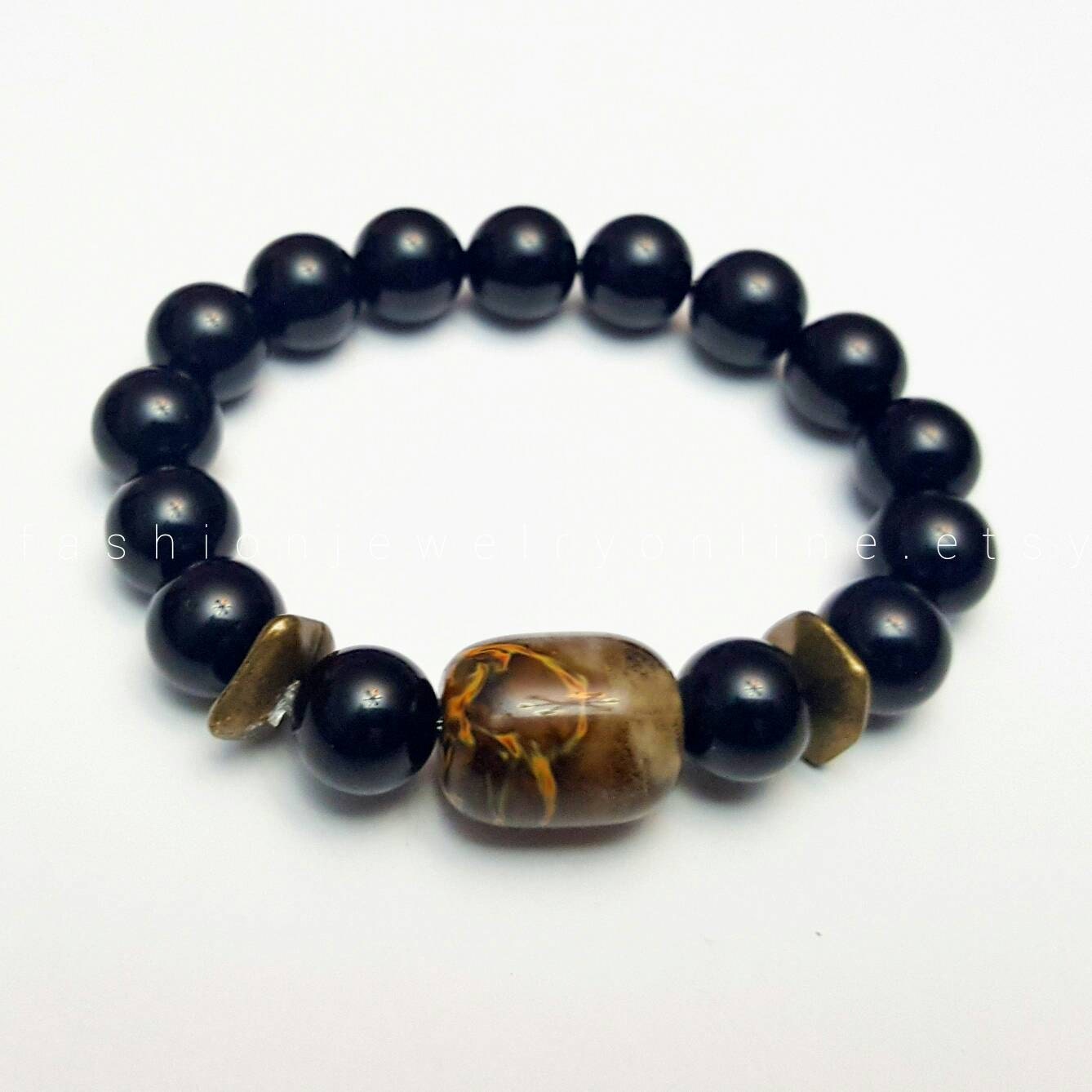 Black Onxy bracelet Beaded Bracelet Rutilated quartz bracelet | Etsy