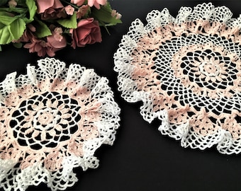 Pink and White Crochet Lace Doily Pair with Ruffled Edging