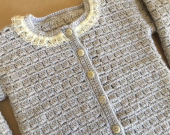 Classic Crocheted Woollen Cardigan with Lace Trim for 12-18 Month Olds