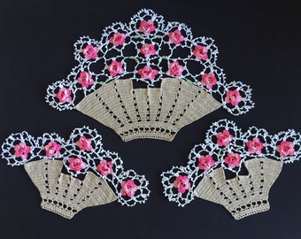 Flower Baskets Handmade 3 Piece Crochet Duchesse Set of Doilies with Variegated Pink Flowers