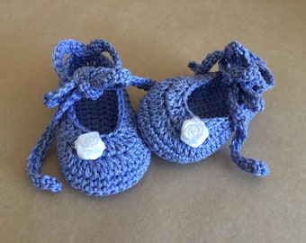 Baby Ballerina Shoes with White Silk Roses Crocheted Cotton Booties for Girls 0-3 Months OOAK One of a Kind Design