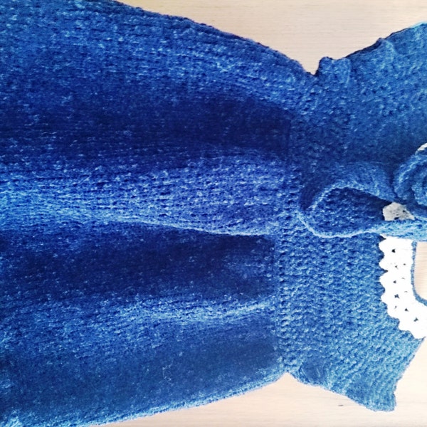 Baby Dress Handmade in Navy Blue Soft Chenille Velvet 0-3 months