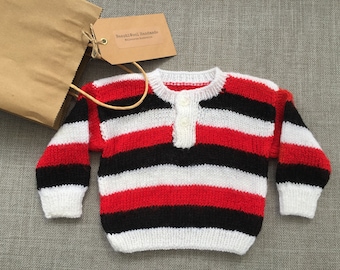 Hand Knitted Stripey Baby Jumper for 0-3 months old baby in White, Black and Red Colour