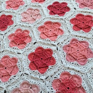 May include: A crocheted blanket with a hexagonal pattern featuring pink and white flowers. The blanket is made with a variety of shades of pink yarn, creating a gradient effect.