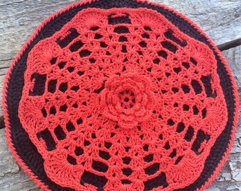 Pot Holder. Doily Style Crocheted Cotton Pot Holder with 3 Dimensional Irish Rose Motif. Mothers Day Gift.