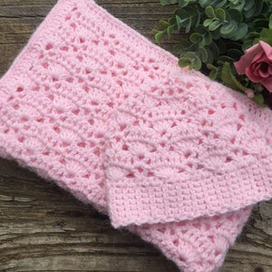 Crochet Lace Baby Blanket with Newborn Beanie Hat OOAK
