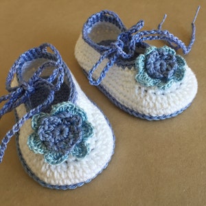 Baby Ballerina Shoes White Blue Flowers Crocheted Cotton Booties for Girls 3-6 Months OOAK One of a Kind Design