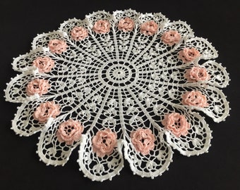 Crochet Lace 13" Ruffled Doily with Irish Roses Pattern