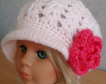 Girls or Womens Pink Crocheted Slouchy Newsboy Hat with Large Flower