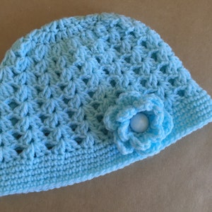 Crocheted Baby Blue Girls Floral Beanie Hat for 3-6 Months