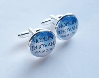 Shiny Silver Cuff Links "Hope in Jehovah" on Sky Blue Background, Glass Cabochon, JW, JW.org, Gifts for Brothers, Elders