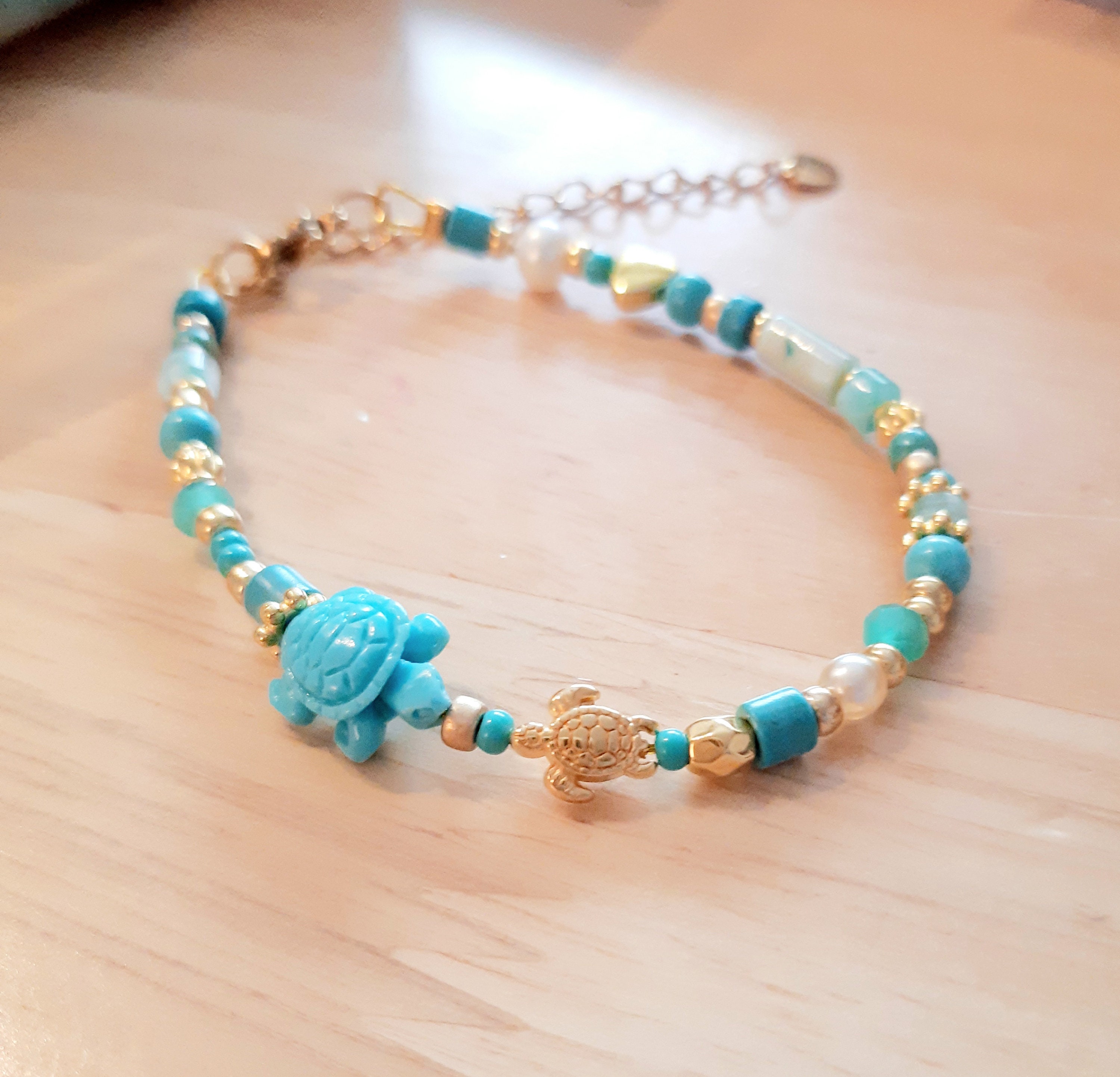 Bracelet En Agate Noire Mate 6mm Avec Pendentif Tortue En Turquoise - Style Amérindien, Neuf Avec étiquettes