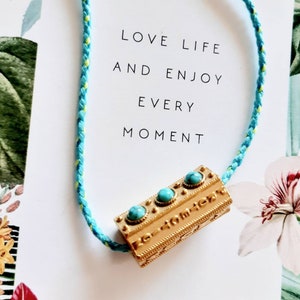Talisman necklace..protective amulet..grigri..lucky charm necklace with positive messages and turquoise..boho chic jewelry..gold plated.