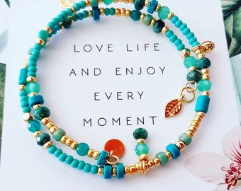 Bracelet pierres..talisman.. jonc double.. porte-bonheur..turquoises,agates..plaqué or..précieux et délicat..pièce unique.