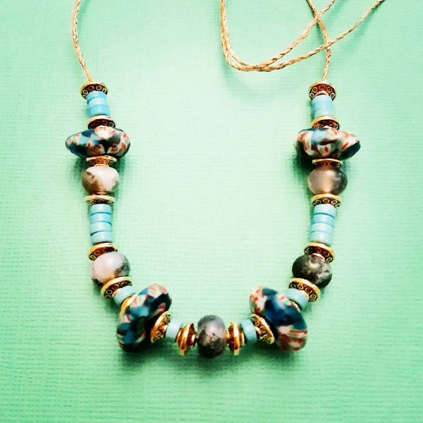 Chic ethnic necklace..African..boho..old African beads, agates, turquoise and gold plated..adjustable cord..a rare jewel..