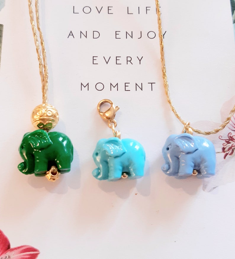 collier éléphant porte-bonheur..amulette animal totem ..trompe en l'air..force,bravoure,longévité..à adopter de 3 à 100 ans..vendu au choix. image 1