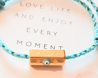 bracelet talisman..amulette de protection oeil de chance..porte-bonheur..finement gravée..turquoise et acier..précieux,délicat,fin..rare.