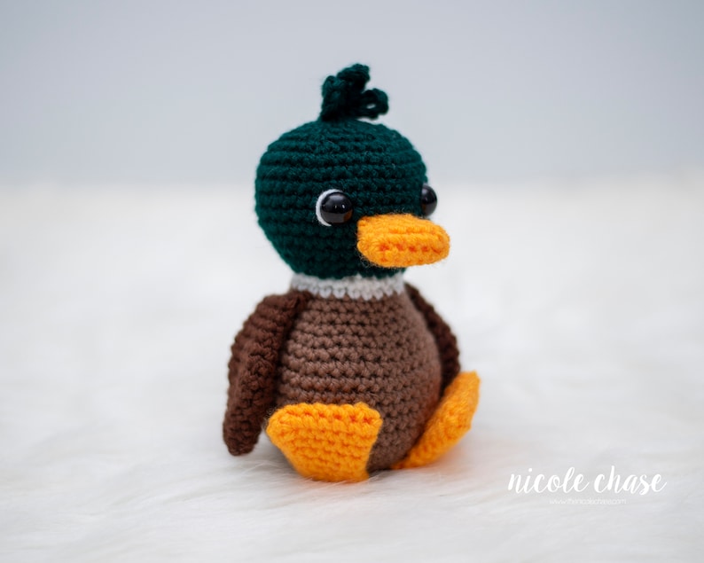 May include: A crocheted duck plush toy with green head, brown body, and orange feet. The duck has black eyes and an orange beak.