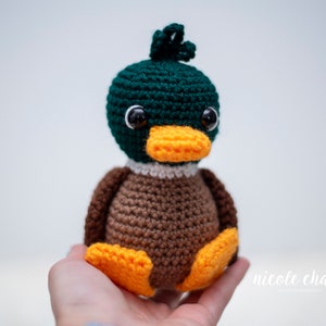 May include: A crocheted stuffed duck toy with green, brown, white, and orange yarn. The duck has black eyes and an orange beak.
