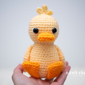 May include: A crocheted yellow duck with orange feet and beak. The duck has black eyes and is sitting in a hand.