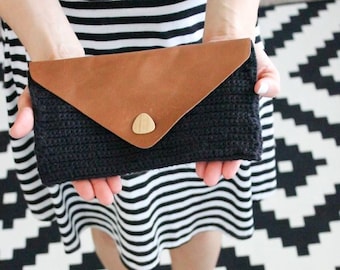 Embrague plegable de ganchillo, Bolso de embrague de ganchillo, Monedero de ganchillo de sobre, Bolso de cubierta de cuero, Bolso de embrague de bolso, Wristlets de bolso de noche