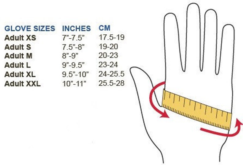 May include: A chart showing glove sizes in inches and centimetres. The chart lists sizes from XS to XXL with corresponding measurements in inches and centimetres. An illustration shows how to measure your hand for glove size.