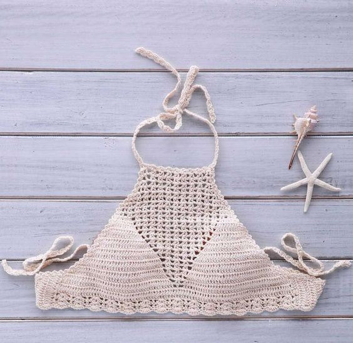 Minimal Hand Crochet Halter Top Push Up Tassel Bikini Set