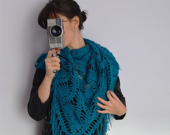 Crochet Lace Shawl, Triangle Wrap Shawl, Teal Blue Wrap, Lace Triangle Shawl, Crochet Scarve Shawl, Women Shawls, Long Scarves