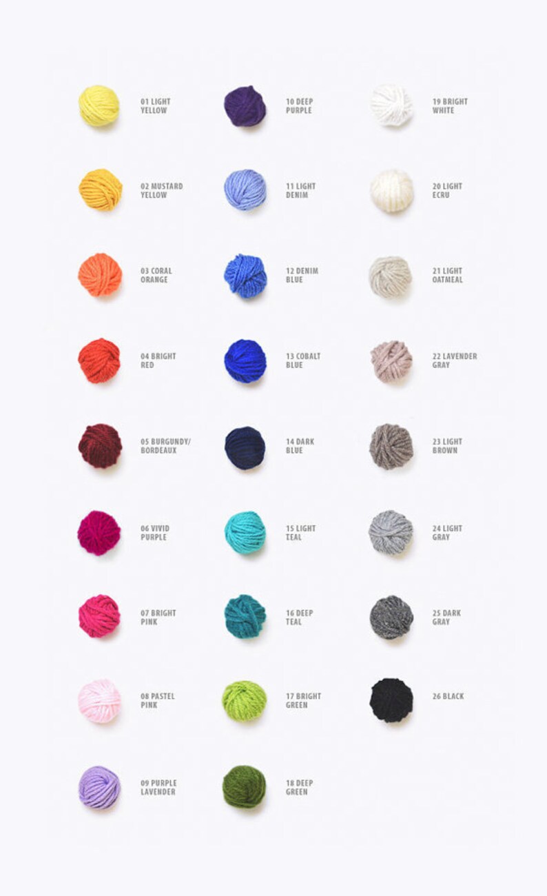 May include: A colour chart of 26 different yarn colours, each colour is represented by a ball of yarn. The colours are arranged in rows of three, with the first row starting with light yellow, mustard yellow, and coral orange. The second row starts with bright red, burgundy/Bordeaux, and vivid purple. The third row starts with bright pink, pastel pink, and purple lavender. The fourth row starts with deep purple, light denim, and light ecru. The fifth row starts with denim blue, cobalt blue, and lavender grey. The sixth row starts with dark blue, light teal, and light grey. The seventh row starts with deep teal, bright green, and dark grey. The eighth row starts with deep green, bright white, and black.