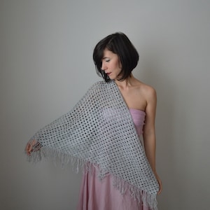 Crochet Bridal Shawl. Lace Crochet Shawl. Wedding Wrap Shawl. Silver Gray Shawl. Triangle Shawl Scarf. Ladies Elegant Fashion Shoulder Wrap