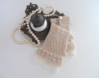 Crochet Lace Cotton Gloves, Vintage Crochet Lace Gloves, Ecru Fingerless Crochet Gloves, Bridal Crochet Gloves, Wedding Gloves