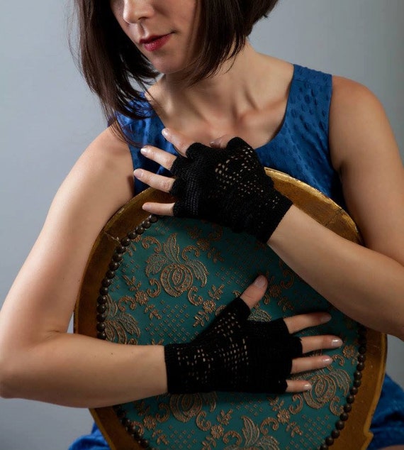 Crochet Fingerless Gloves, Black Shortie Gloves, Gothic Style Gloves, Victorian Lace Gloves, Gothic Lace Gloves, No Finger Cotton Gloves,