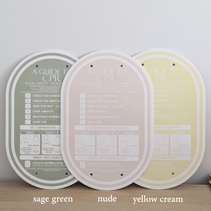 May include: Three round signs with a guide to CPR, pool safety, and resuscitation instructions. The signs are in sage green, nude, and yellow cream colors. The signs have a hole at the top for hanging.
