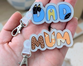 DAD & MUM Keyrings - Bluey Inspired / Bandit Chilli / Acrylic / Bag tag / Matching parent gifts / couple Blue Dog Fathers Day Mothers Day