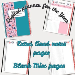 Peut inclure: Agenda numérique avec une couverture turquoise et un motif floral rose. L'agenda comprend des pages de notes lignées, des pages diverses vierges et un calendrier mensuel. Le texte "Digital planner for the Year" est visible.