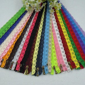 10 pcs Lace Zippers Supplies For Clothes Purse Bags Metal Zipper Trim 7.87 inches Long YL294