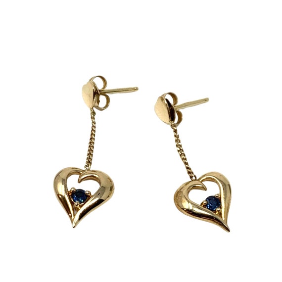 14K Gold Blue Sapphire Heart Drop Earrings - image 3