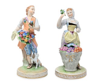 Carl Thieme Dresden "Man & Woman Selling Flowers" Porcelain Figurines (Pair)