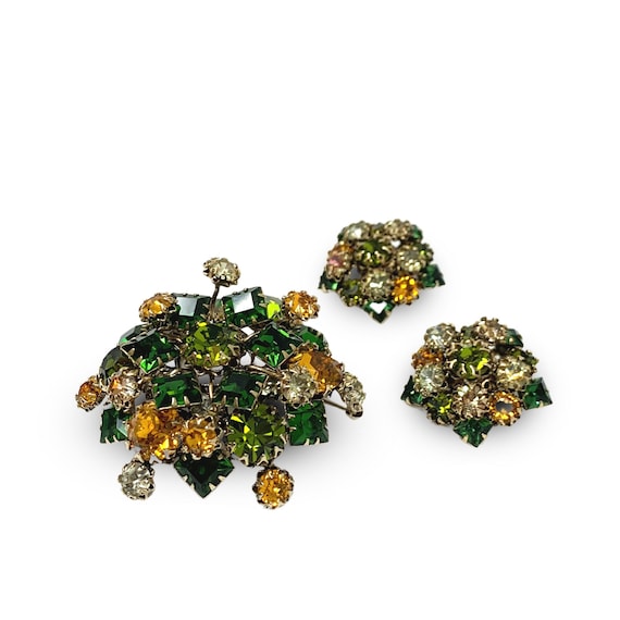 Vintage Rhinestone Clip-On Earrings & Brooch Set - image 2