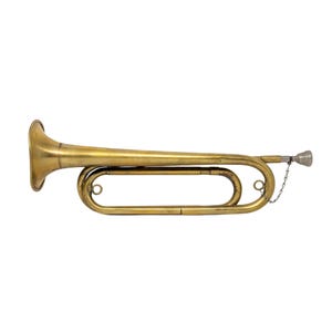 May include: A brass bugle featuring a wide bell, a curved body with two circular rings, and a silver-toned mouthpiece attached by a small metal chain. The instrument displays a weathered metallic finish with visible signs of age and use.