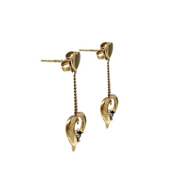 14K Gold Blue Sapphire Heart Drop Earrings - image 2