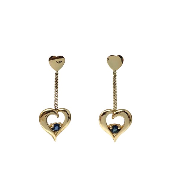 14K Gold Blue Sapphire Heart Drop Earrings - image 1