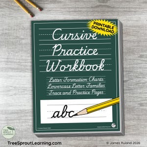 May include: A dark green cursive practice workbook with white text reading Cursive Practice Workbook, Letter Formation Charts, Lowercase Letter Families, Trace and Practice Pages, and a yellow pencil graphic over the letters abc.