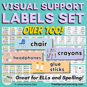 May include: A set of visual support labels featuring over 100 cards with text and illustrations for classroom items like chairs, headphones, crayons, and glue sticks. The labels are organized in a grid with a teal background and black text.
