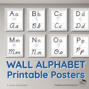 Peut inclure: Un ensemble de huit affiches encadrées en blanc présentant les lettres de l'alphabet en caractères d'imprimerie et cursifs, accompagnées de signes manuels. Le texte WALL ALPHABET Printable Posters est visible sur l'image.
