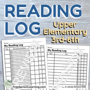 Puede incluir: Un registro de lectura imprimible para estudiantes de primaria de 3º a 6º grado. El documento incluye columnas para fecha, título, autor, género, hora de inicio, hora de finalización y páginas leídas. El texto 'READING LOG' y 'TreeSproutLearning.com' es visible.