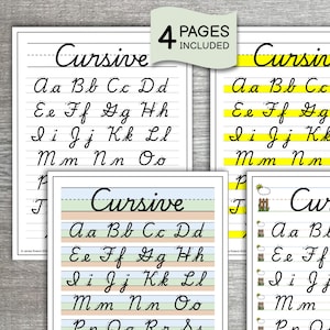 May include: Four pages of cursive handwriting practice sheets featuring the alphabet in uppercase and lowercase letters. The sheets include black text on white backgrounds, some with yellow highlights, pastel coloured lines, or small icons.