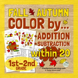 May include: A set of educational worksheets titled FALL AUTUMN COLOR by... ADDITION SUBTRACTION within 20 1st-2nd GRADE. The pages feature math problems with illustrations of leaves, apples, and pumpkins to color by number.